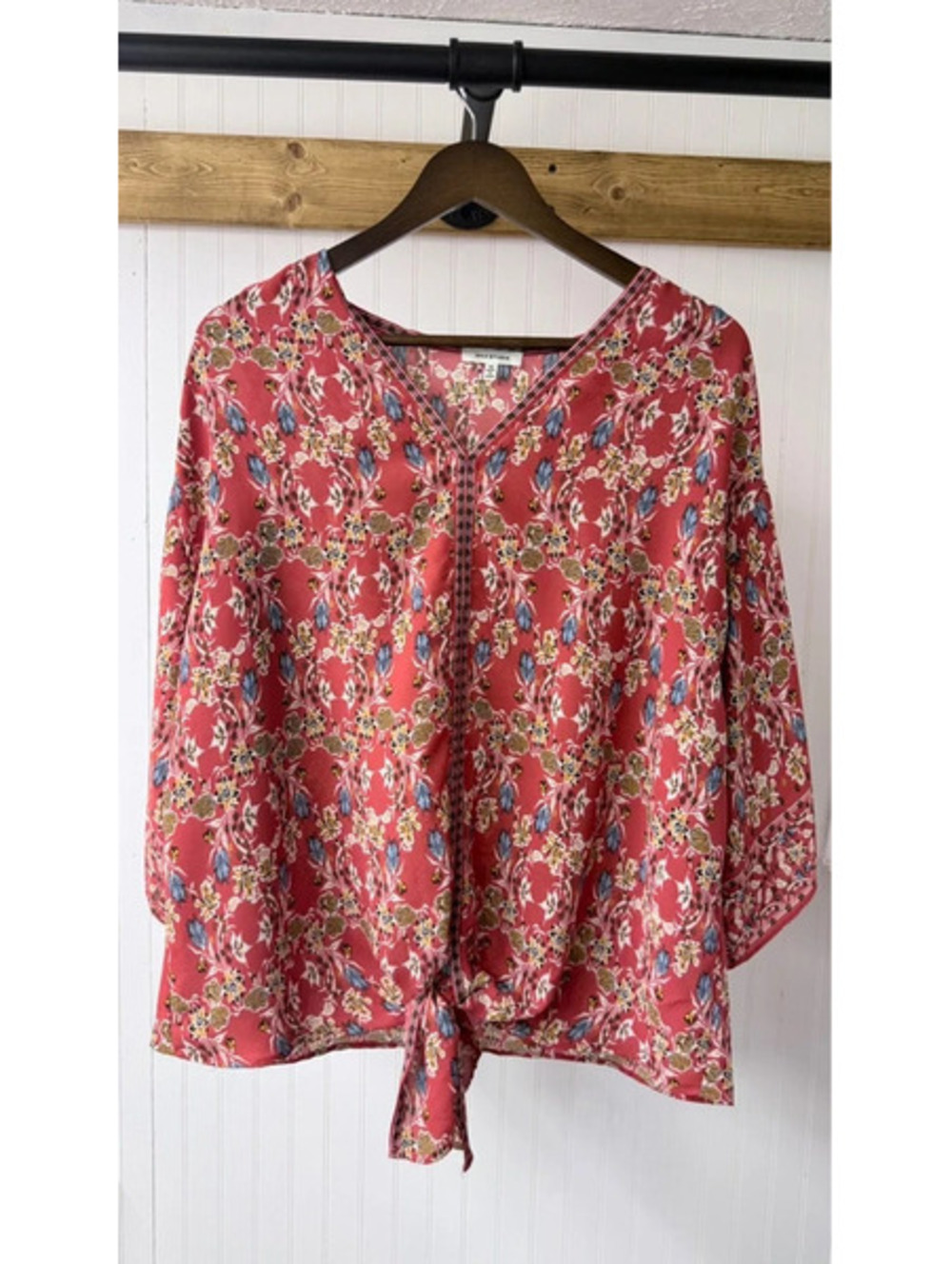 red floral print Max Studio tie-front blouse 3\4 quarter sleeves 1xl career boho